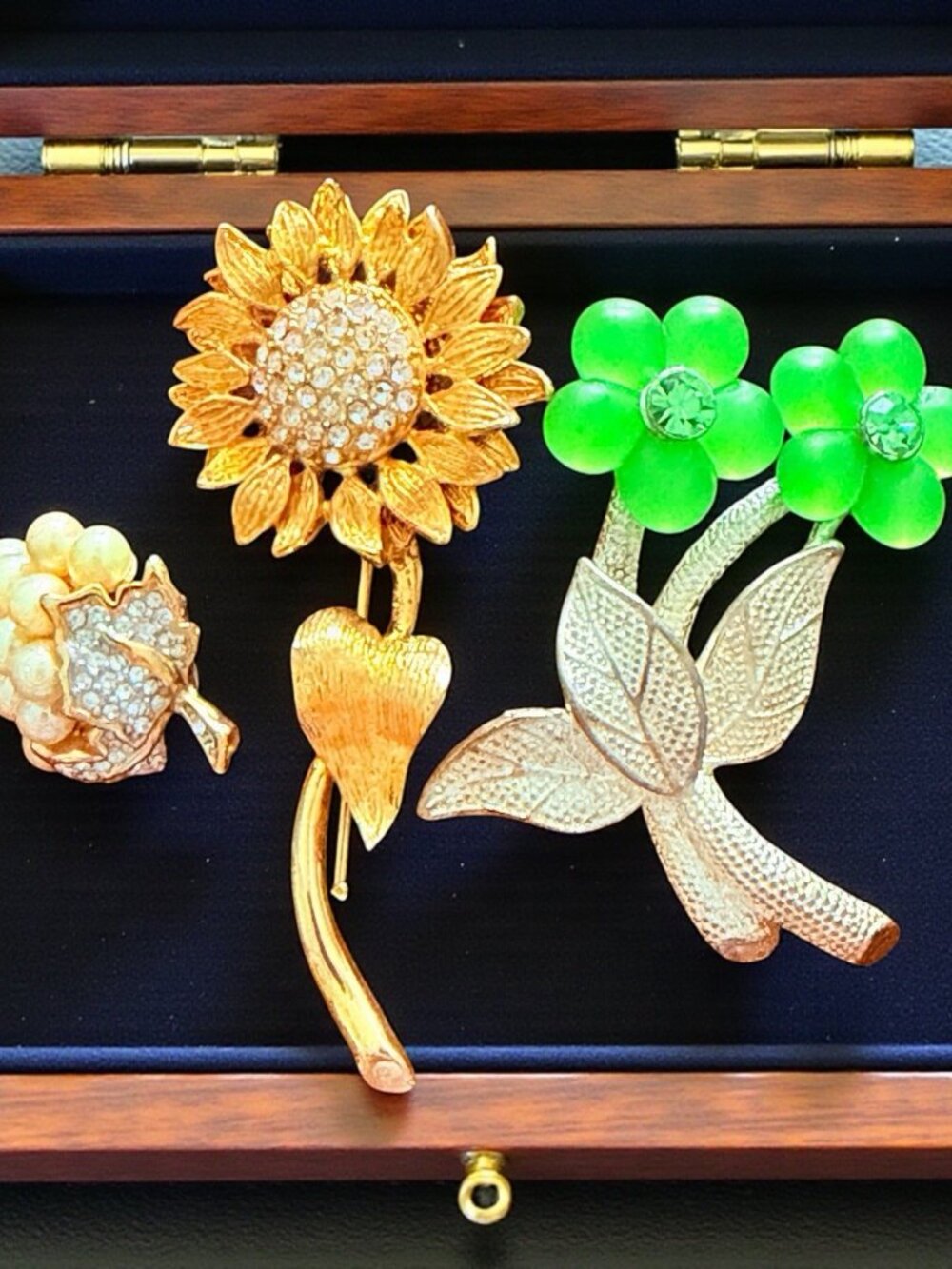 Vintage Floral Jewelry Lot: 2 Brooches & Faux Pearl Clip-Back Accent